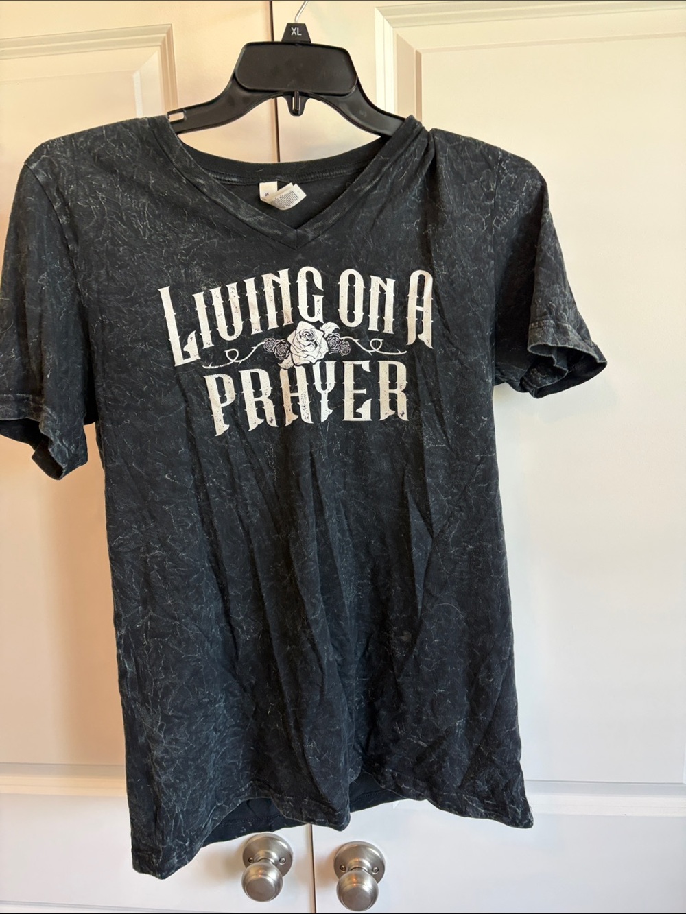 Bella Canvas Black Mineral Wash V-Neck "Living On A Prayer" Graphic Tee